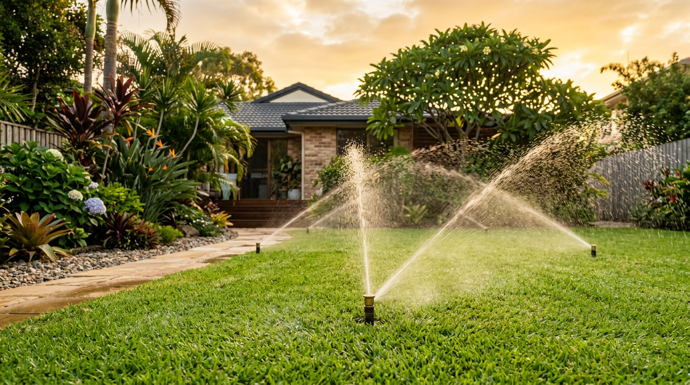 Gold Coast garden with automated irrigation system at golden hour